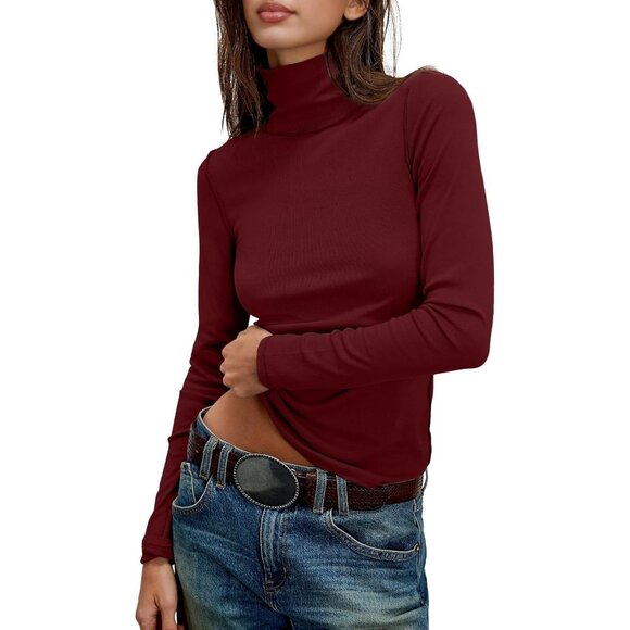 Women's Undershirts All Dark Red Long Shirt Sleeve Ribbed Fit Slim Top Tees - Picture 4 of 5